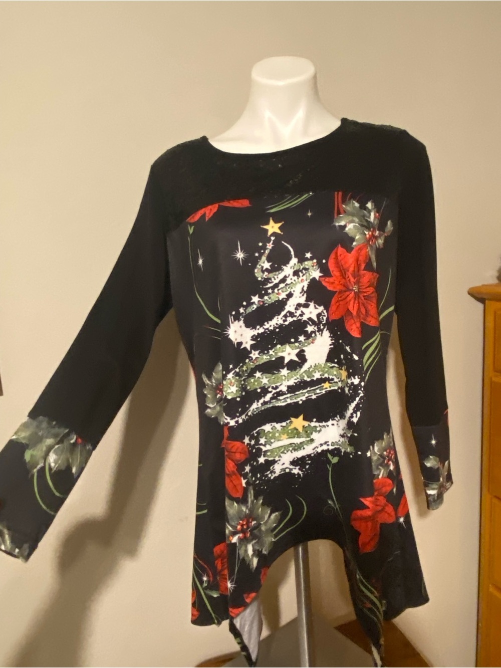 Women's Black Holiday Tree Tunic with Red Poinsettias